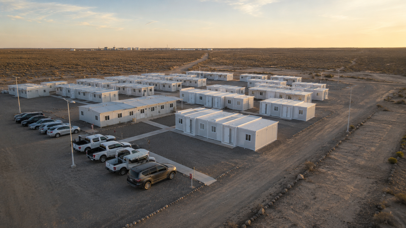 Urbanización modular PRIC HOUSE en entorno energético, paisaje árido patagónico