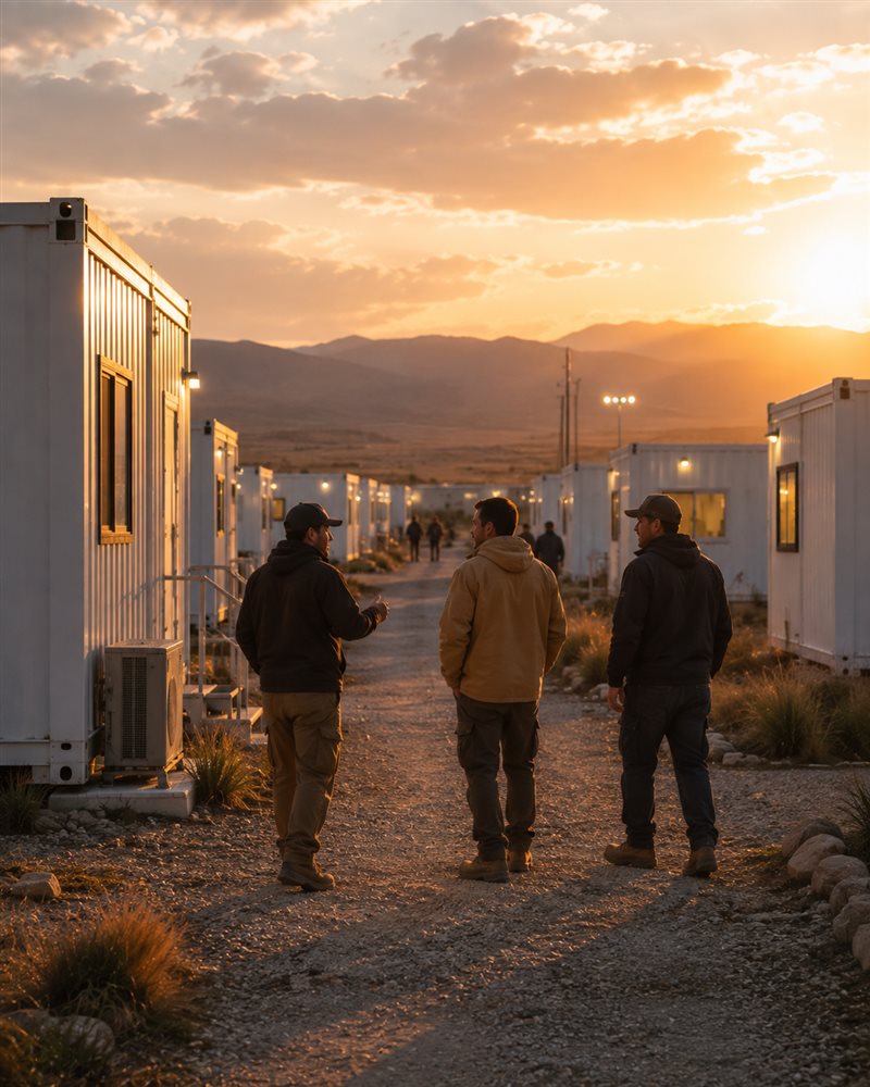 Equipo de PRIC HOUSE recorriendo un campamento modular, capacidad operativa del sistema