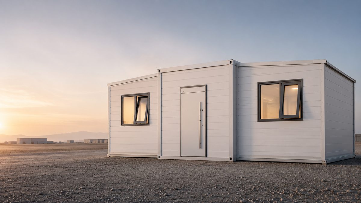 Casa modular PRIC HOUSE versión Standard, de paneles blancos, instalada en un terreno abierto al atardecer