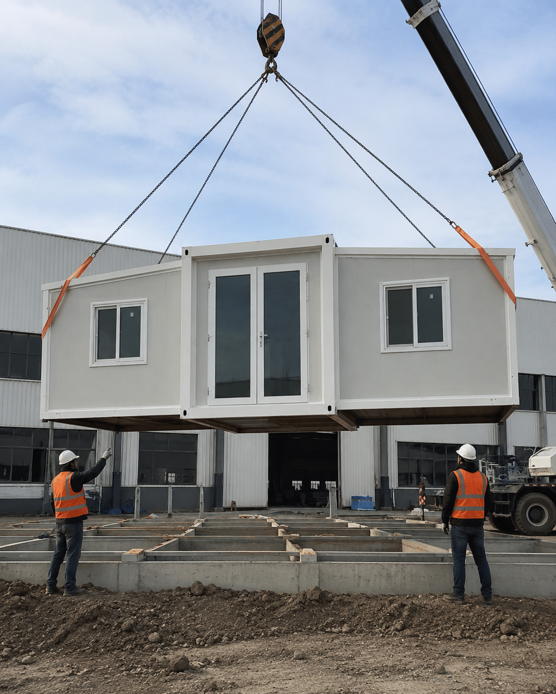 Módulo PRIC HOUSE siendo montado con grúa sobre su base durante la instalación en obra