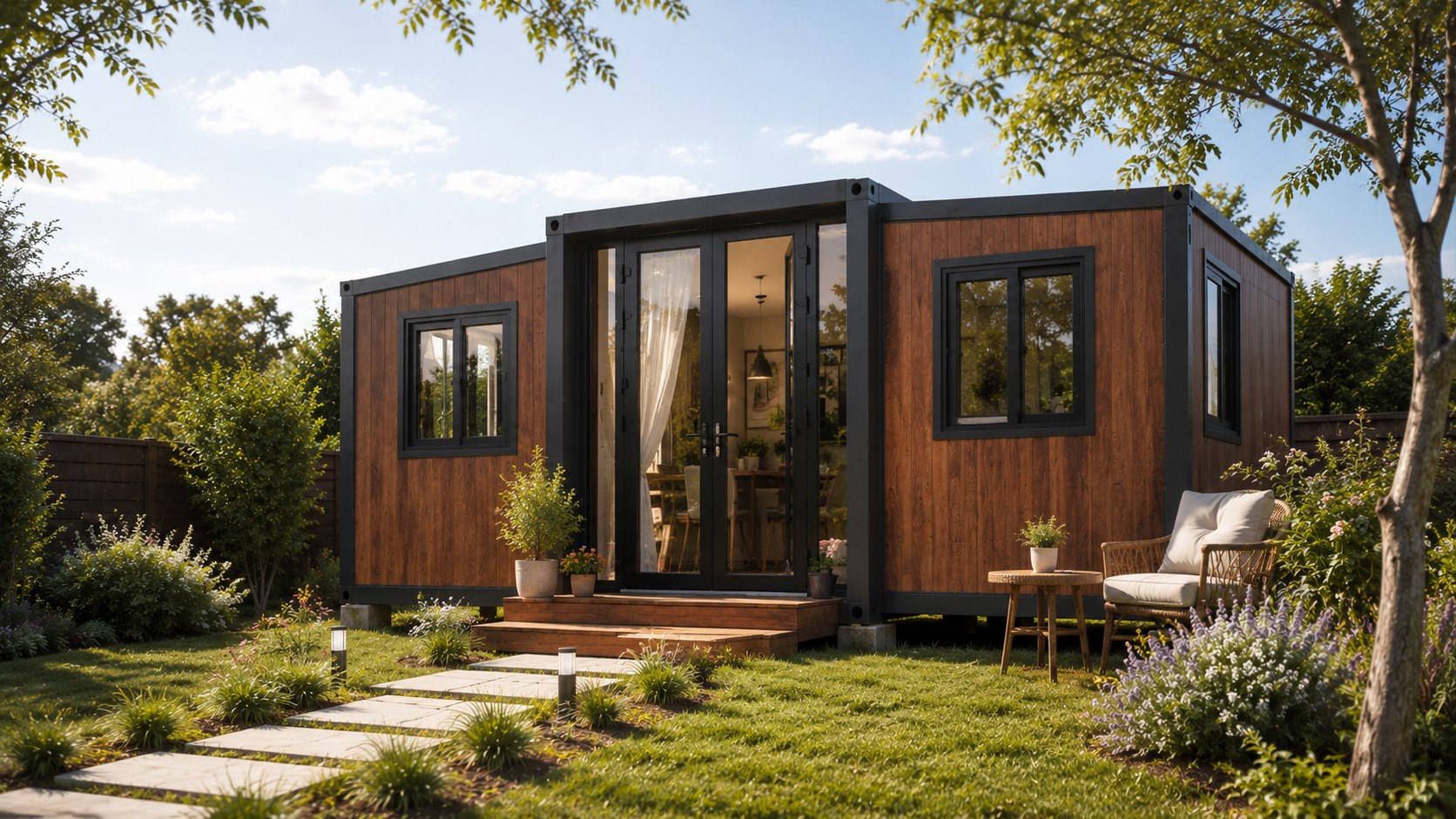 Vivienda modular PRIC HOUSE con revestimiento símil madera instalada en un terreno particular